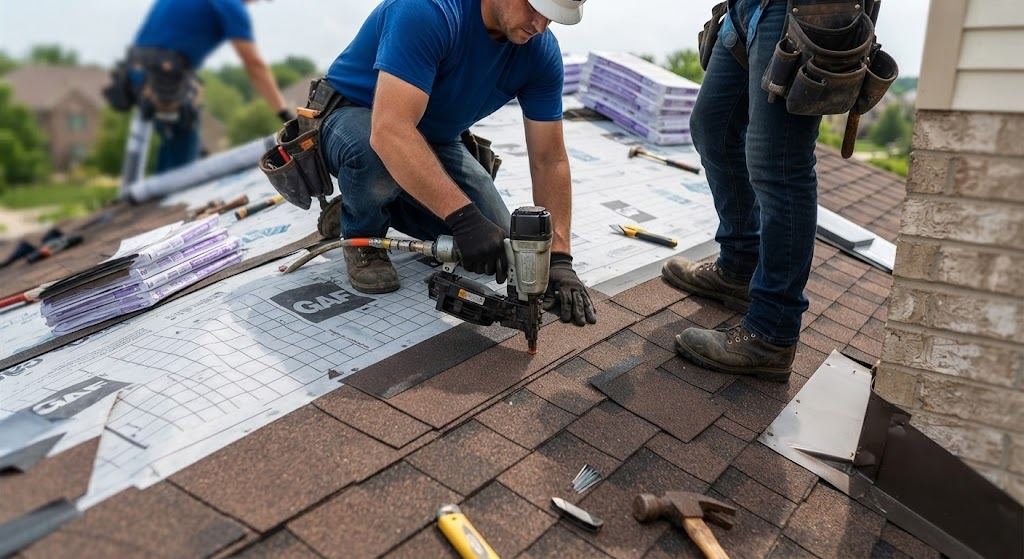 Apex Roofing Solutions crew installing a shingle roof, close up